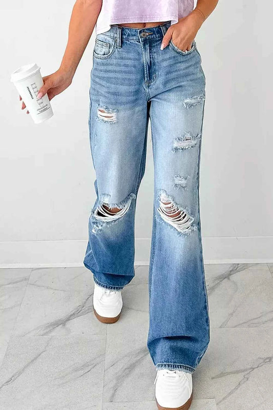Sarah Express Women's Mid Rise Distressed Straight Leg Jeans - Sneak Peek Denim Medium