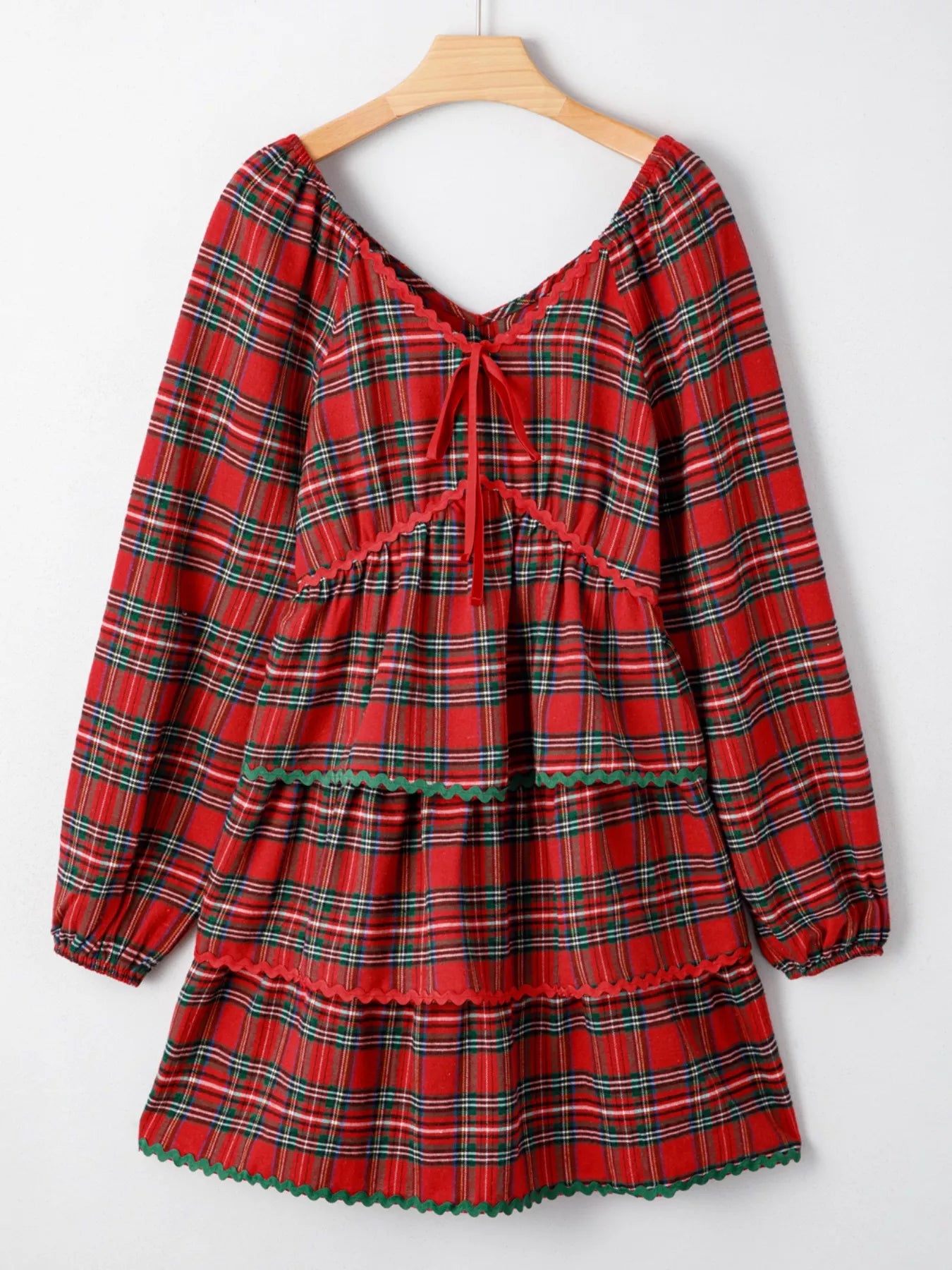 Sarah Express Women's Plaid Print Tiered Bubble Sleeve Mini Dress