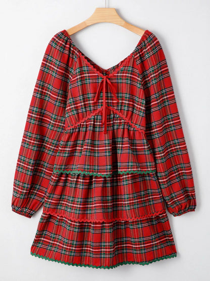 Sarah Express Women's Plaid Print Tiered Bubble Sleeve Mini Dress