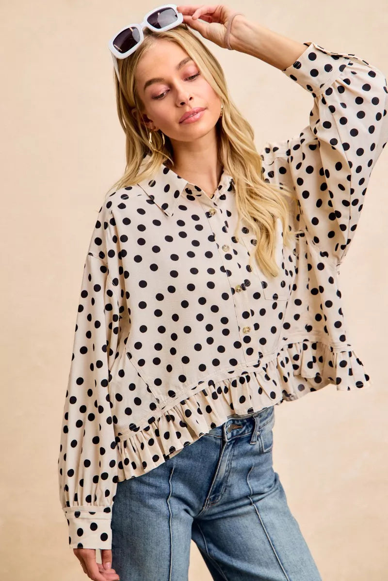 Sarah Express Women's Crinkle Polka Dot Ruffled Hem Button Up Shirt Top