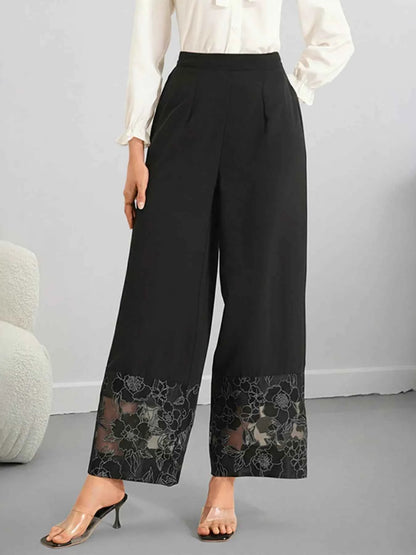 Sarah Express Women's Floral Lace Hem Wide Leg Pants
