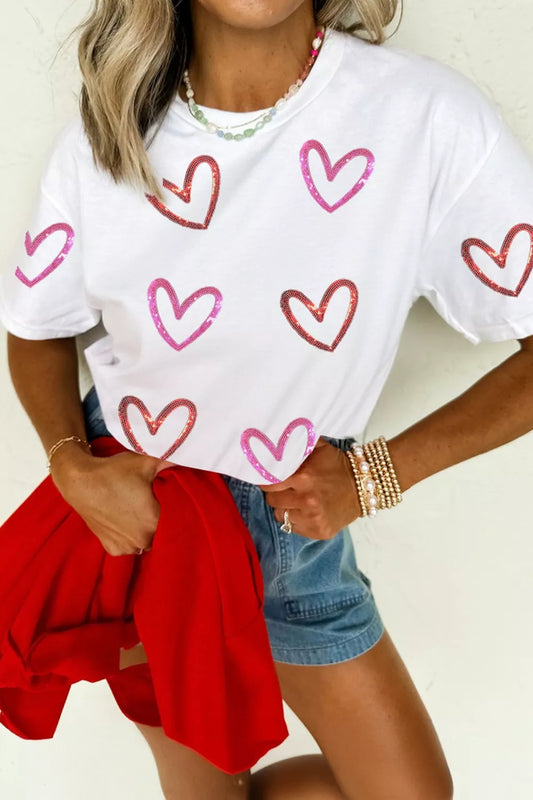 Sarah Express Women's Sequin Heart Short Sleeve T-Shirt White