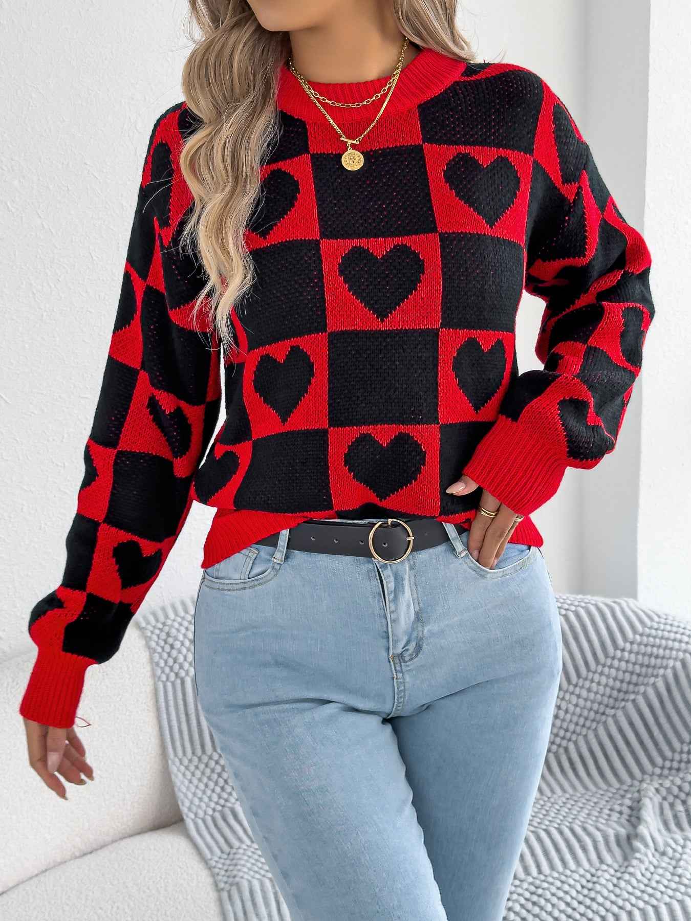 Sarah Express Women's Color-Blocked Plaid Heart Lantern Sleeve Pullover Sweater Black