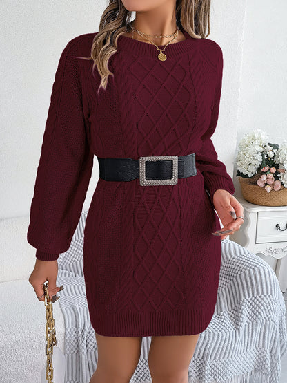 Sarah Express Women's Cable Knit Sweater Dress with Cinched Waist & Lantern Sleeves Burgundy