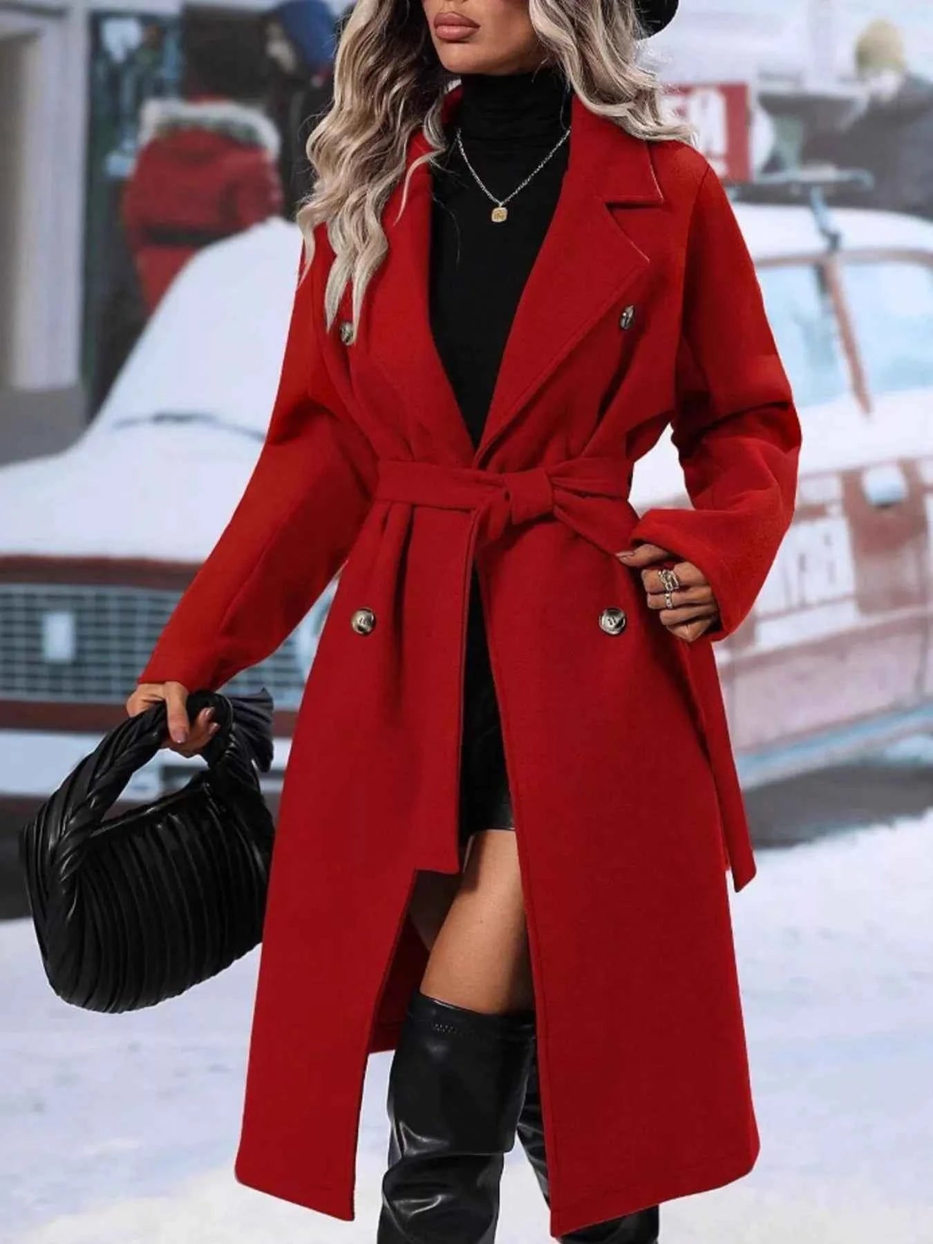 Sarah Express Women's Double-Breasted Tie Waist Coat - Belted Blazer Jacket Deep Red