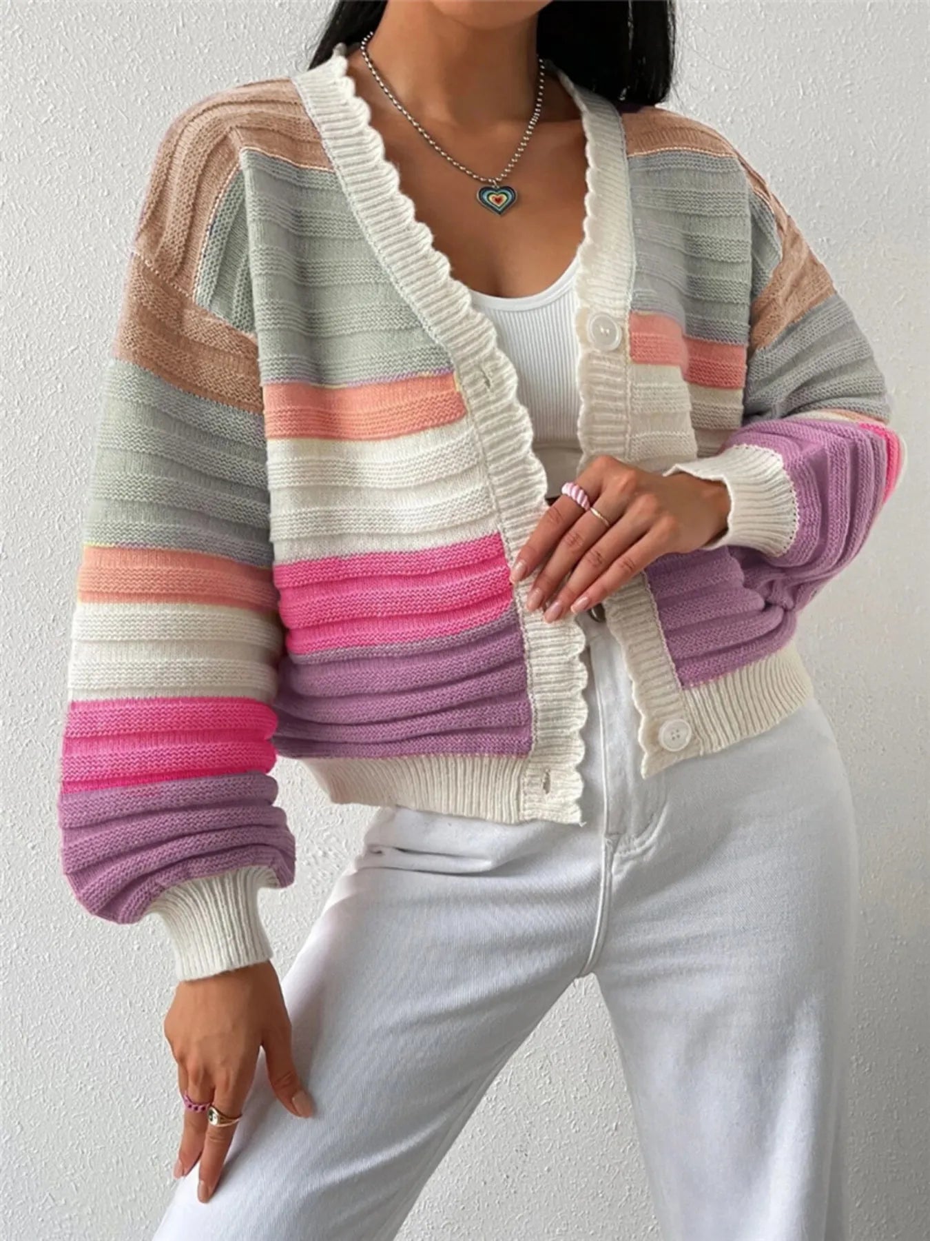 Sarah Express Women's Rainbow Striped Cropped Cardigan with Balloon Sleeves Multicolor