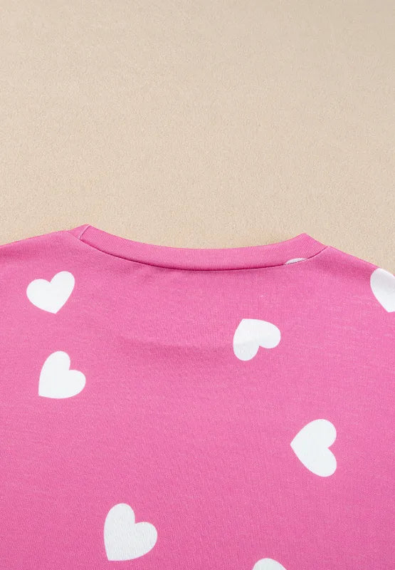 Sarah Express Women's Heart Round Neck Long Sleeve Top and Elastic Waist Shorts Set