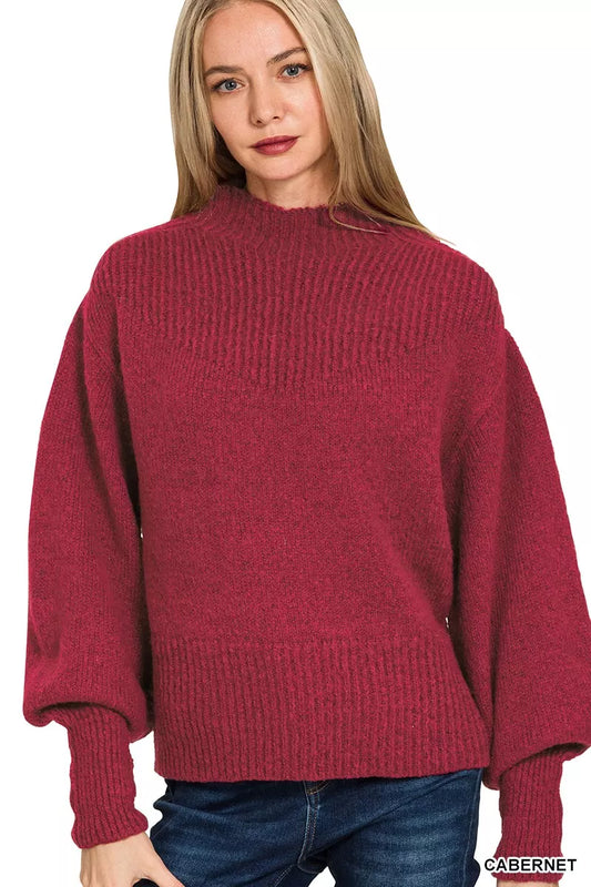 Sarah Express Women's Balloon Sleeve Mock Neck Sweater CABERNET