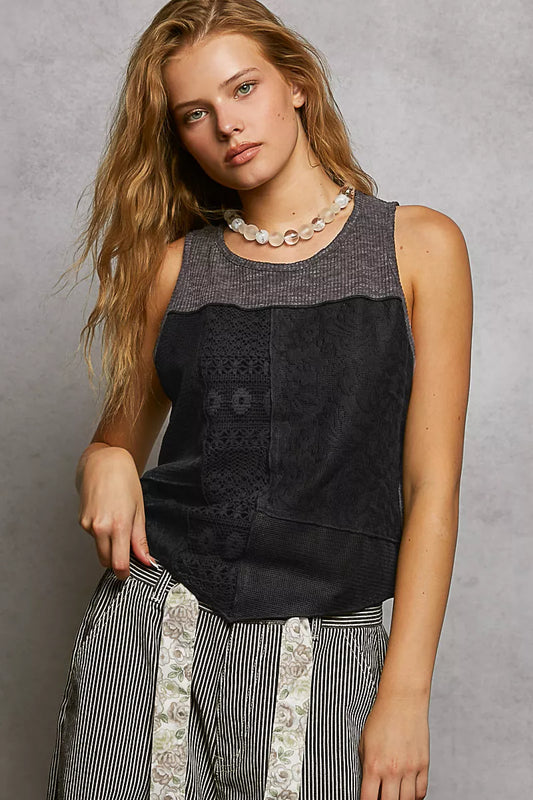 Sarah Express Ribbed Cropped Tank Top with Lace Detail - Round Neck Sleeveless Crop Top STONE BLACK