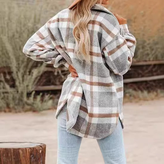 Sarah Express Women's Plaid Buckle Jacket - Loose Fit Long Sleeve Shacket Coat