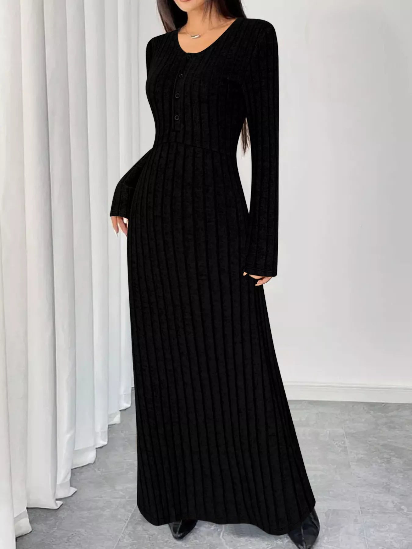 Sarah Express Women's Ribbed Knit V-Neck Maxi Dress - Button Front Long Dress Black