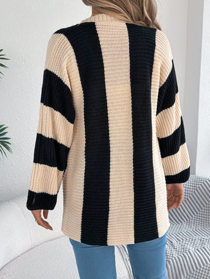 Sarah Express Women's Color Block Stripe Cardigan Sweater with Bell Sleeves - Long Sleeve Knit Coat