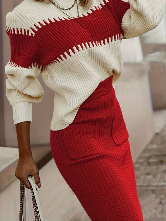 Sarah Express Women's Two-Tone Ribbed Knit Top and Skirt Sweater Set Red