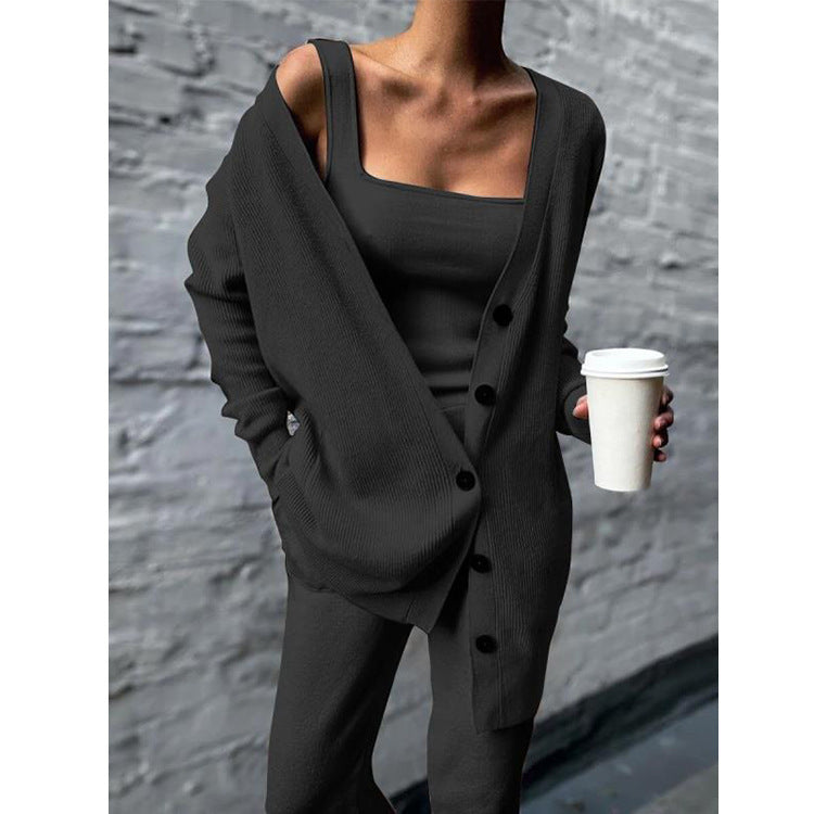 Sarah Express Knitted Three Piece Suit Set Cardigan Vest Pants Coordinated Outfit