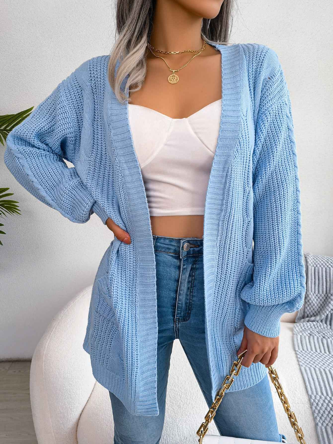 Sarah Express Women's Cable Knit Cardigan Sweater with Lantern Sleeves and Pockets Blue