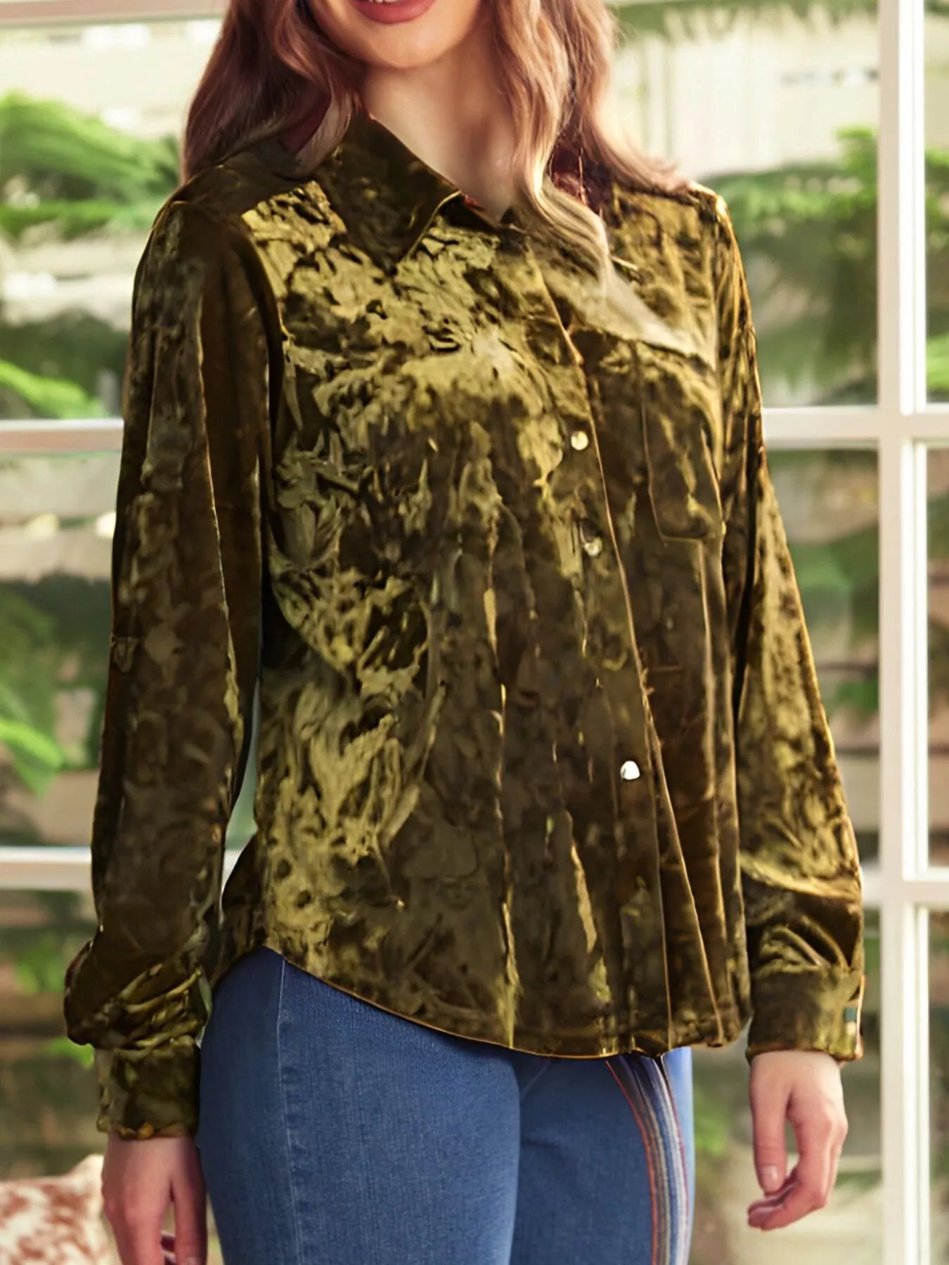 Sarah Express Women's Velvet Button-Down Long Sleeve Shirt Army Green