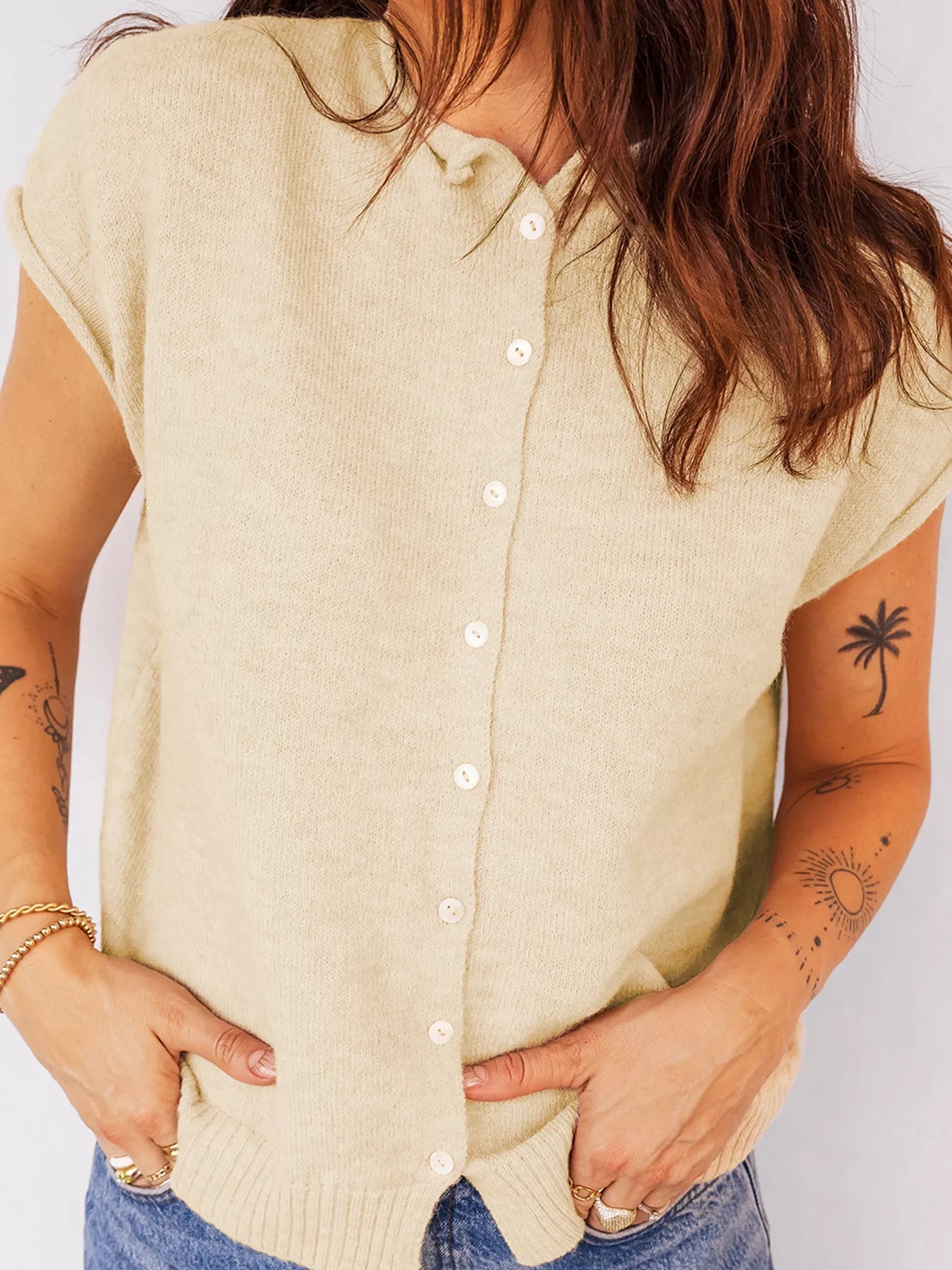 Sarah Express Women's Buttoned Front Rolled Hem Cap Sleeve Sweater Top