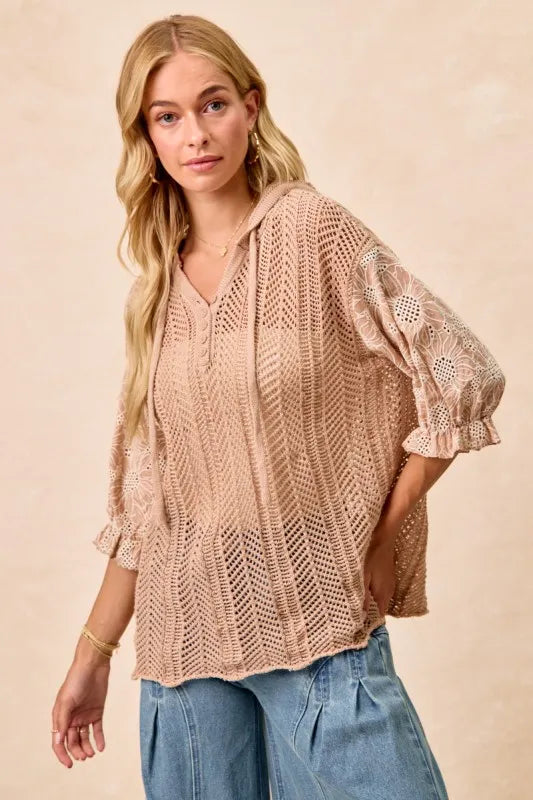 Jacquard Flower Puff Sleeve Hooded Knit Top