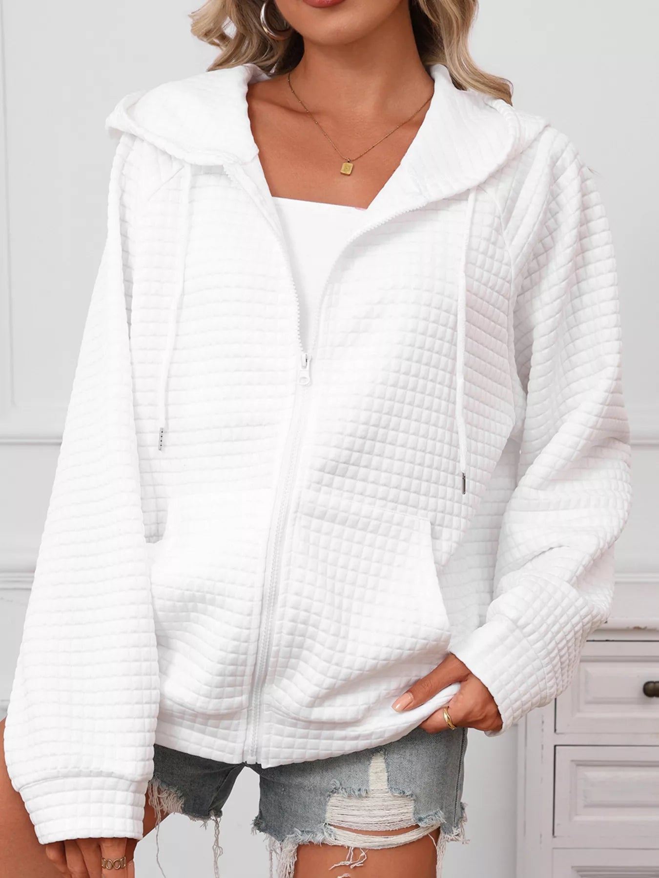 Sarah Express Women's Textured Quilted Zip-Up Hooded Jacket - Plus Size Lightweight Outerwear