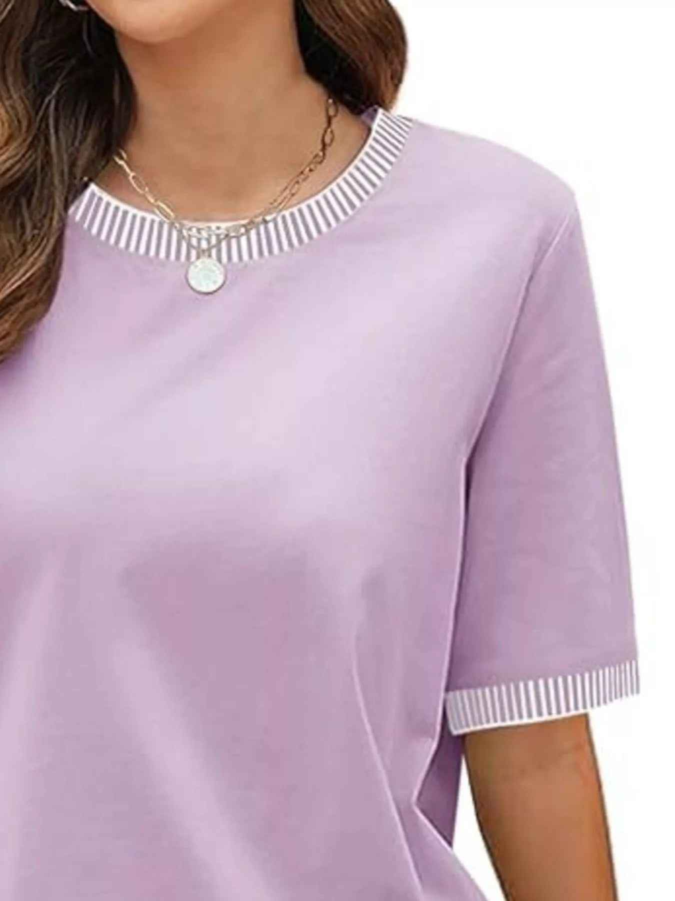 Sarah Express Women's Striped Trim Casual T-Shirt - Relaxed Fit Short Sleeve Top