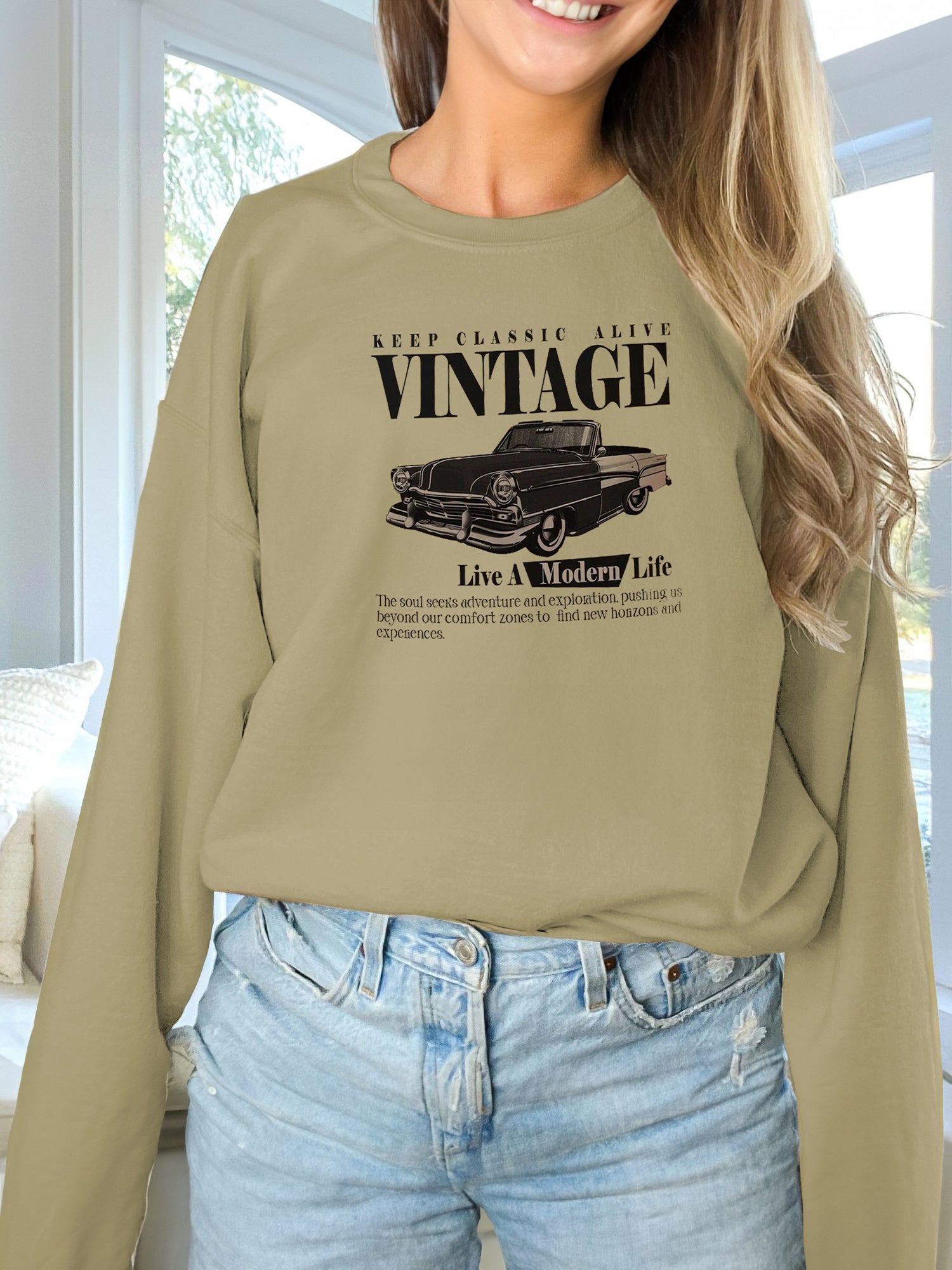 Sarah Express Women's Long Sleeve Hoodie Sweatshirt - Casual Pullover Top for Fall Winter - Grey Khaki White