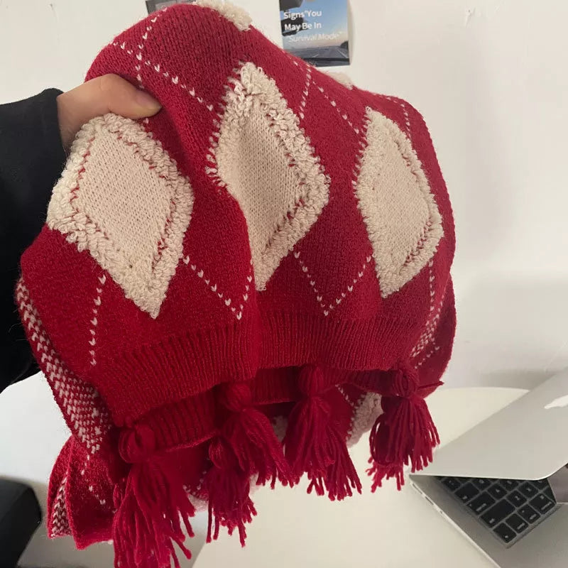 Sarah Express Women's Diamond Pattern Knitted Tassel Scarf