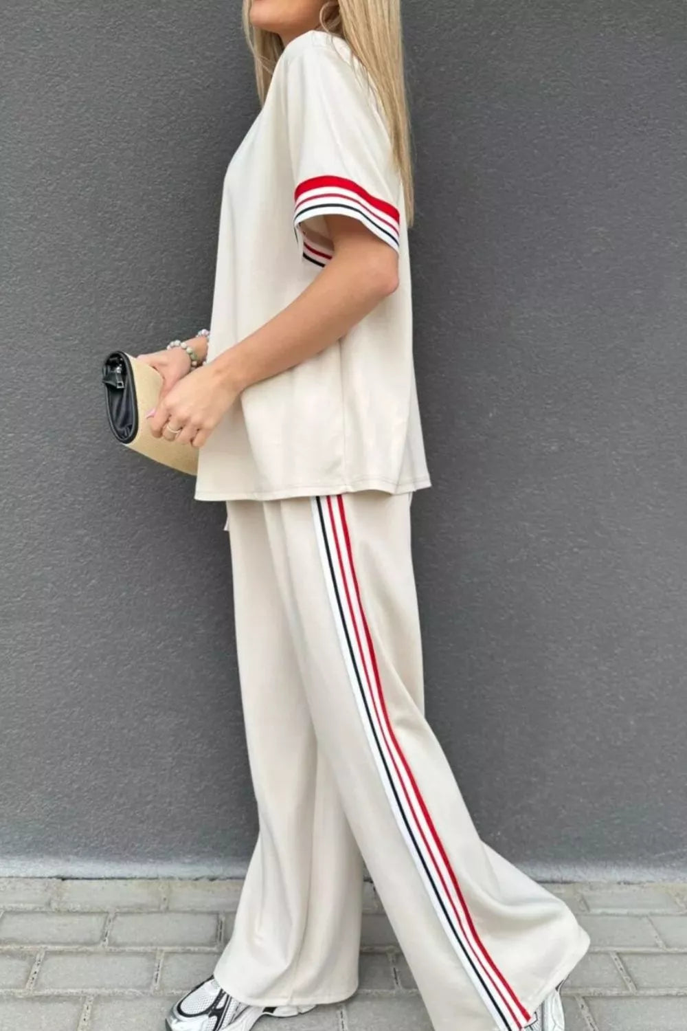 Sarah Express Women's Casual Striped Trim Top and Pants Set