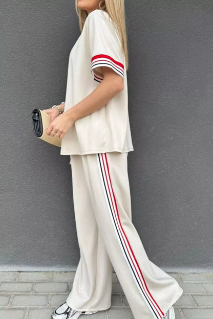 Sarah Express Women's Casual Striped Trim Top and Pants Set