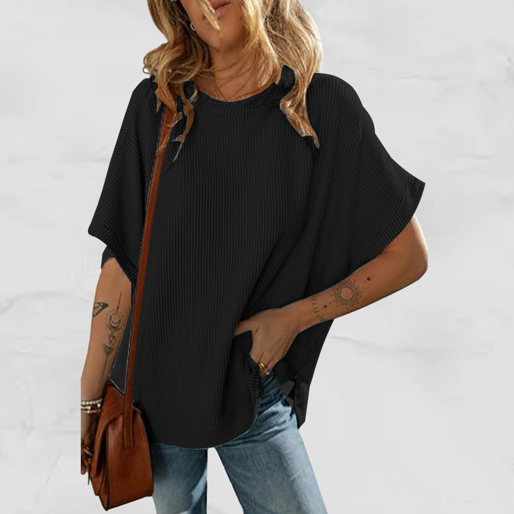 Sarah Express Solid Color Knitted T-Shirt Women's Half Sleeve Loose Casual Pullover Top