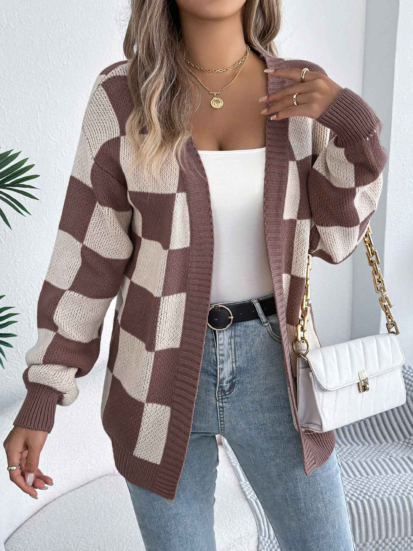 Sarah Express Women's Color Block Plaid Cardigan Sweater - Lantern Sleeve Mid-Length Knit Coat Brown