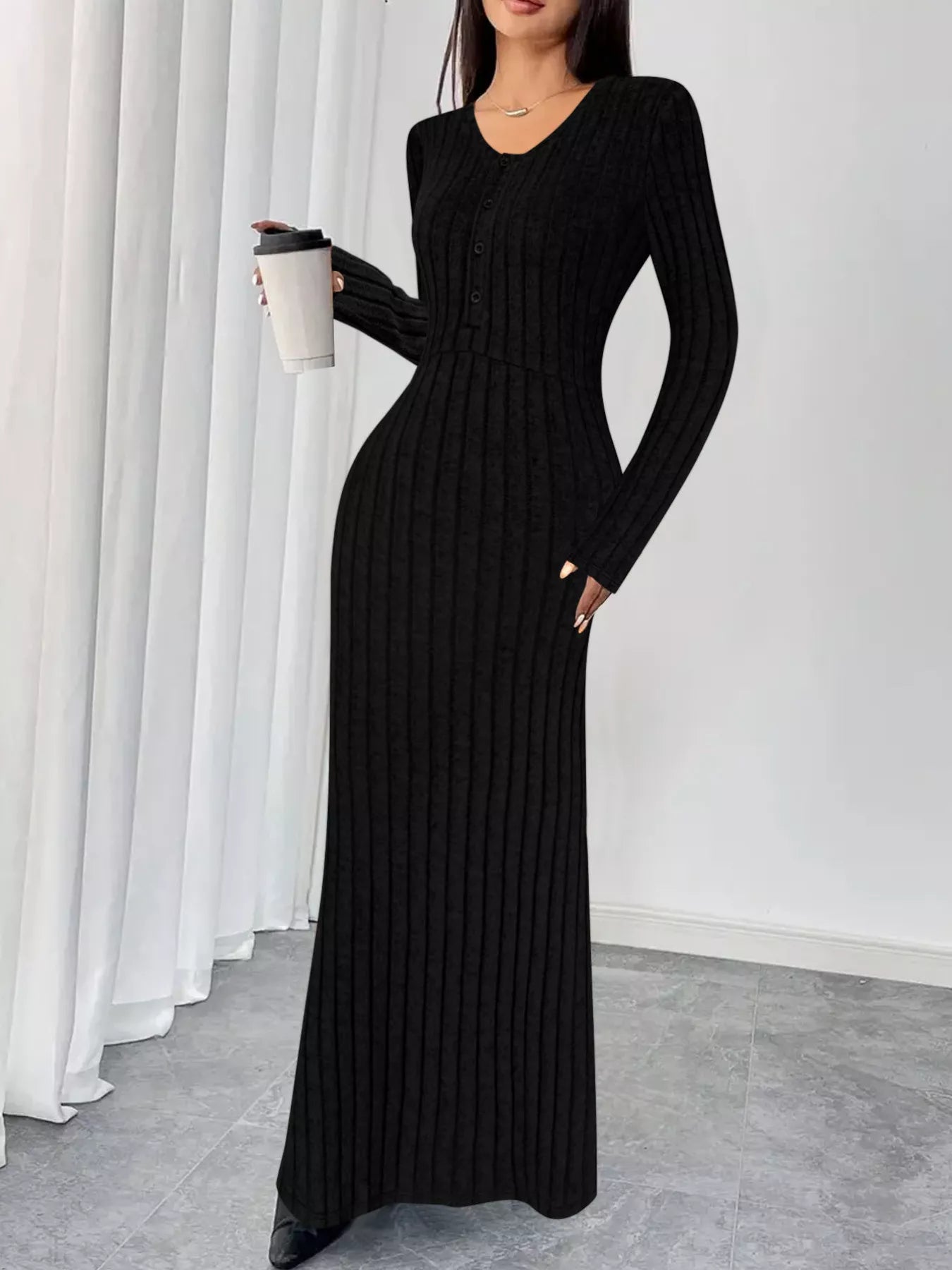 Sarah Express Women's Ribbed Knit V-Neck Maxi Dress - Button Front Long Dress