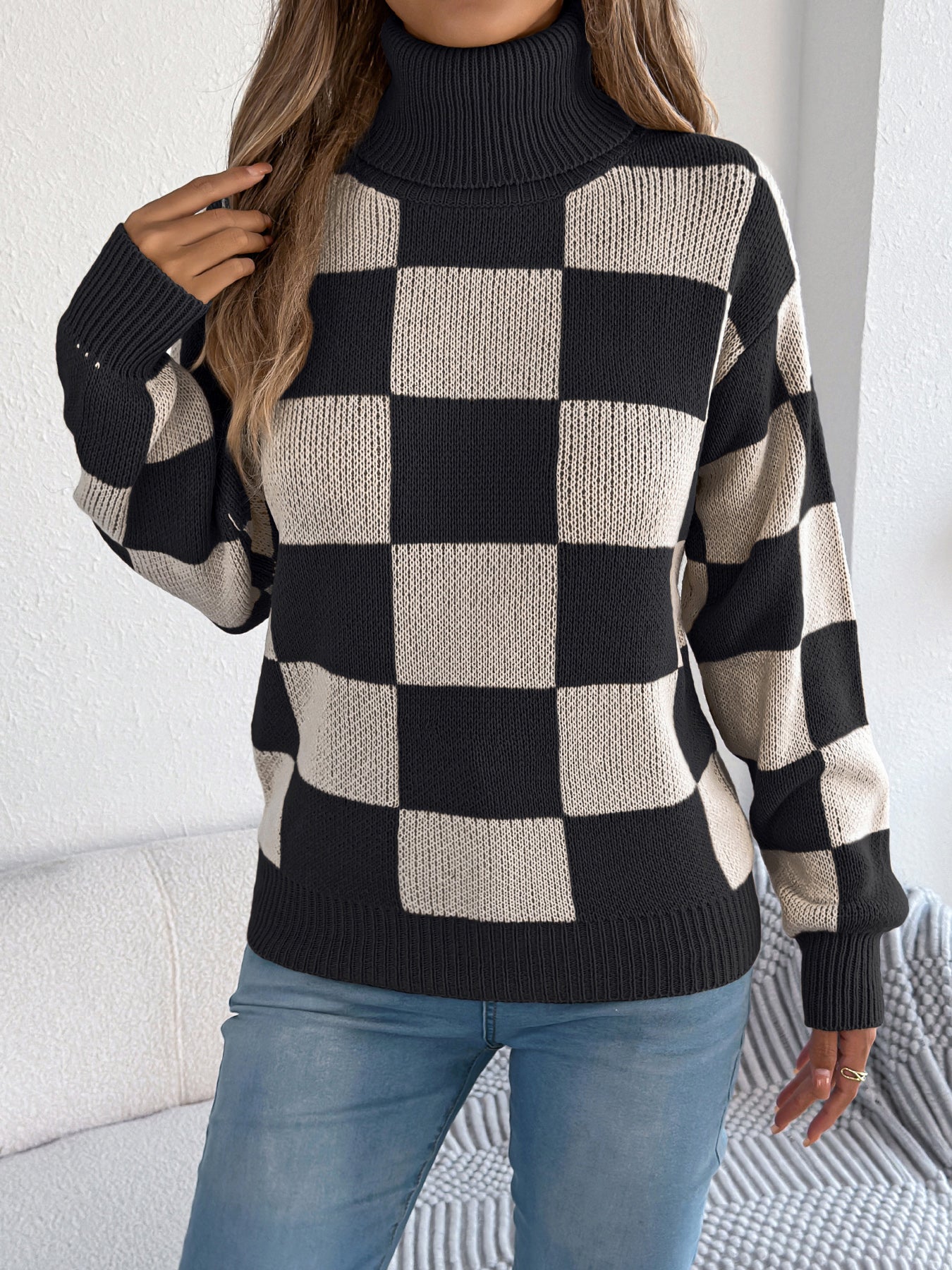 Sarah Express Women's High Neck Color-Blocked Plaid Lantern Sleeve Sweater Black