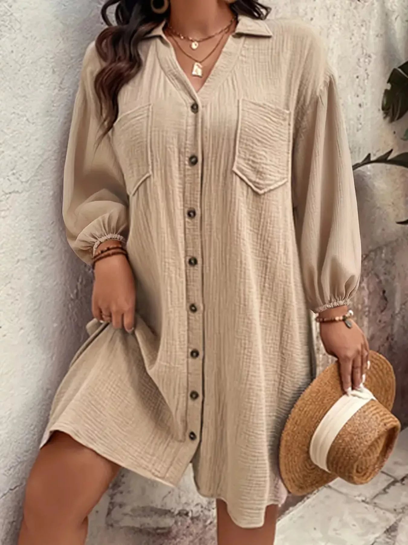 Sarah Express Women's Plus Size Casual Button-Down Shirt Dress Apricot