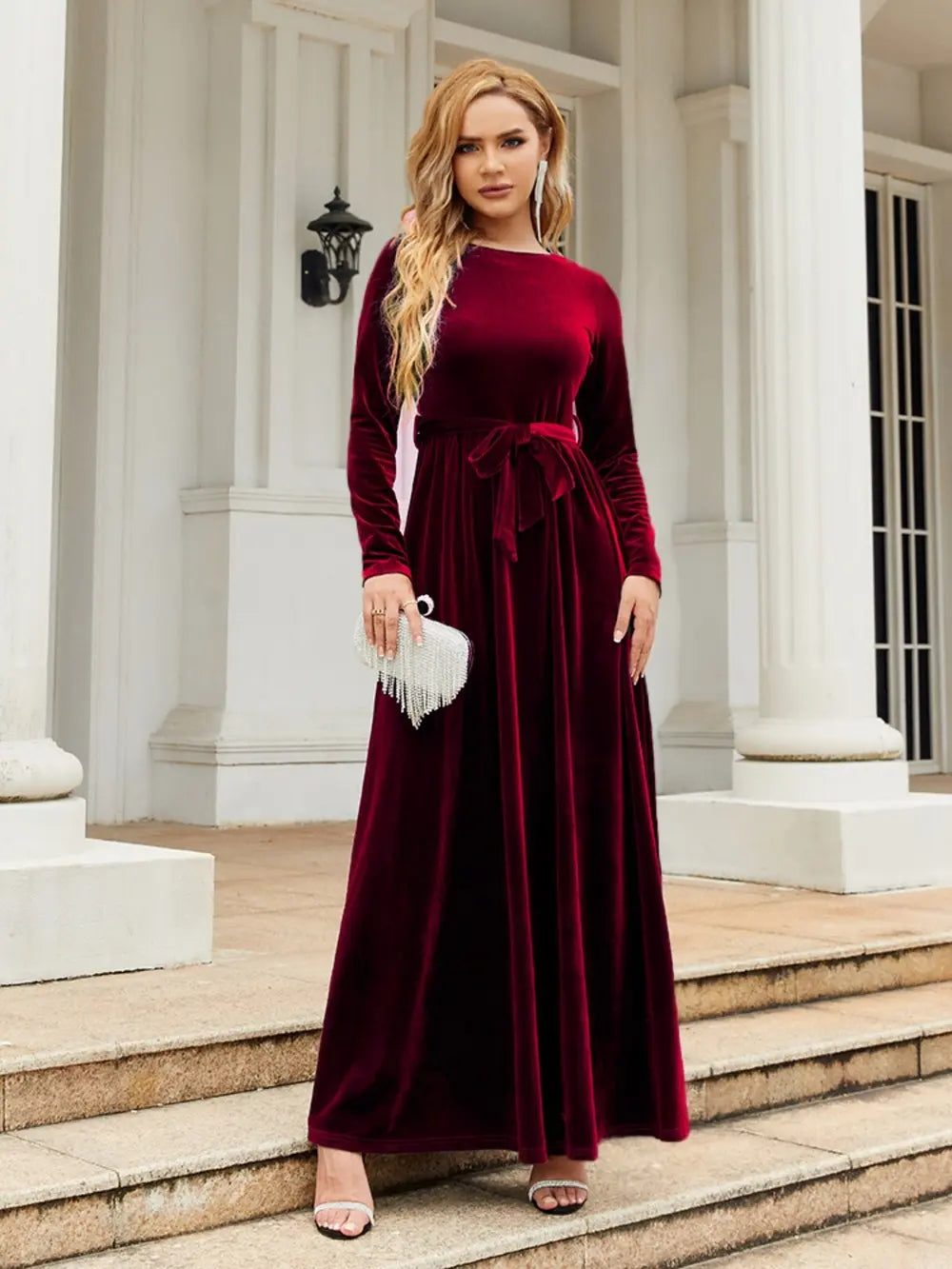 Sarah Express Women's Tie Front Round Neck Long Sleeve Maxi Dress Burgundy