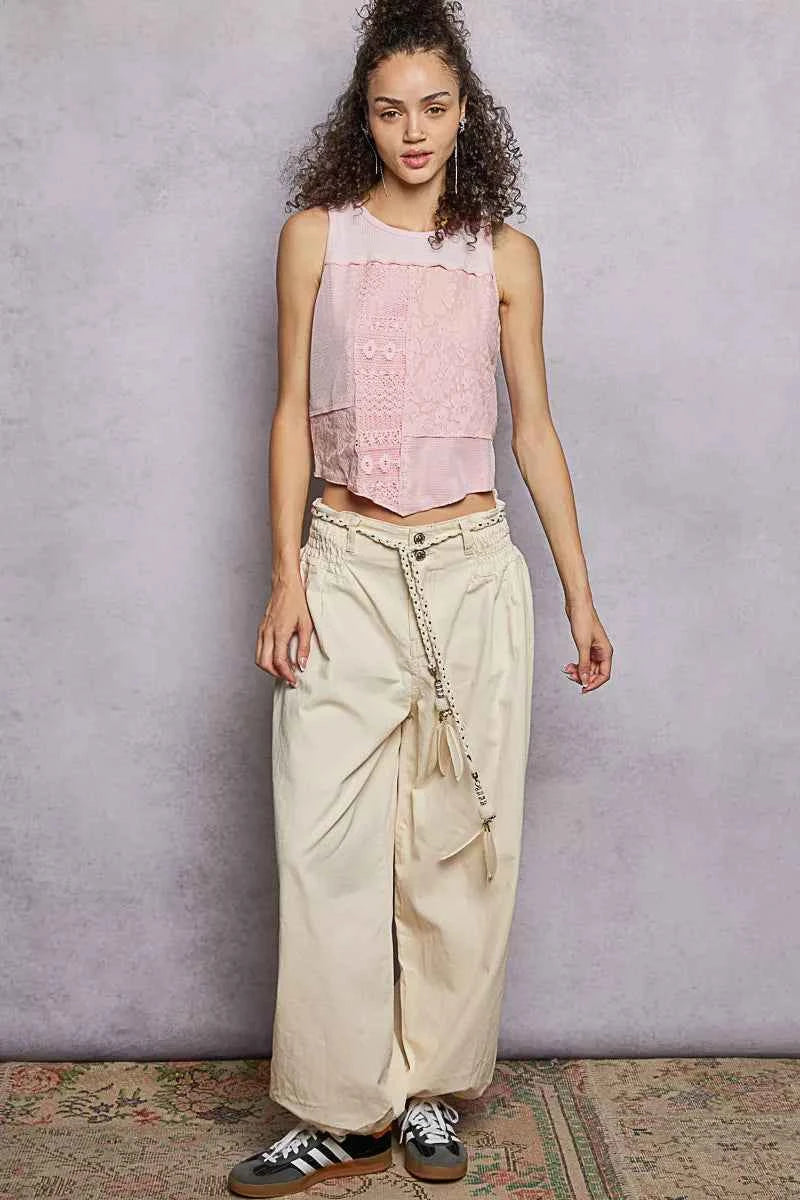 Sarah Express Women's Ribbed Cropped Tank Top with Lace Detail - Round Neck Sleeveless Crop Top