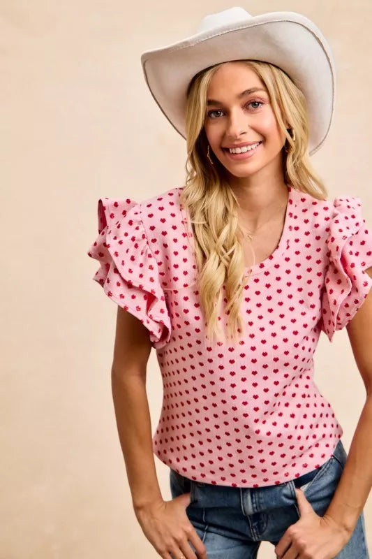 Sarah Express Women's Heart Patterned Knit Ruffled Sleeves Top