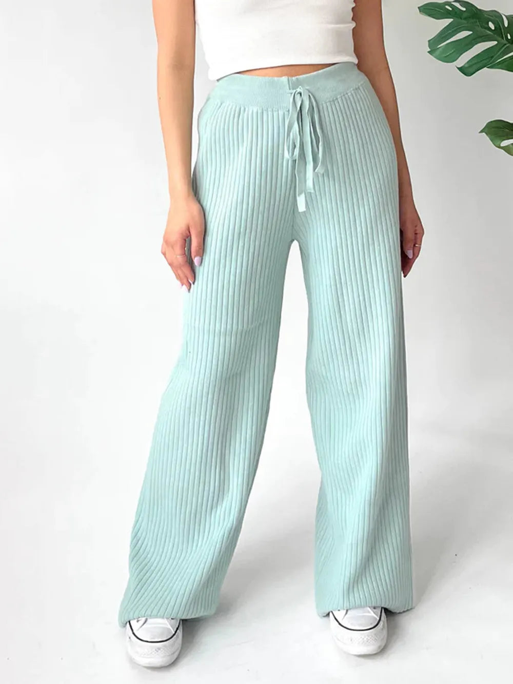 Sarah Express Women's Ribbed Wide Leg Sweater Pants Mint Blue