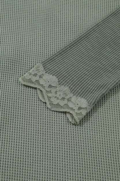 Sarah Express Women's Waffle Ribbed Lace Detail Long Sleeve Top