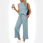 Sarah Express Women's Sleeveless Top Wide Leg Cropped Pants Two-Piece Set Matching Outfit