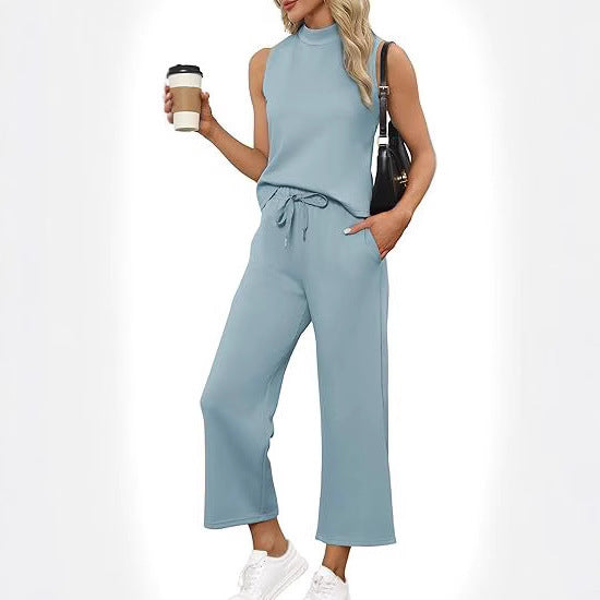 Sarah Express Women's Sleeveless Top Wide Leg Cropped Pants Two-Piece Set Matching Outfit