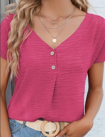 Sarah Express Women's Solid Button-Front V-Neck Short Sleeve Blouse Polyester