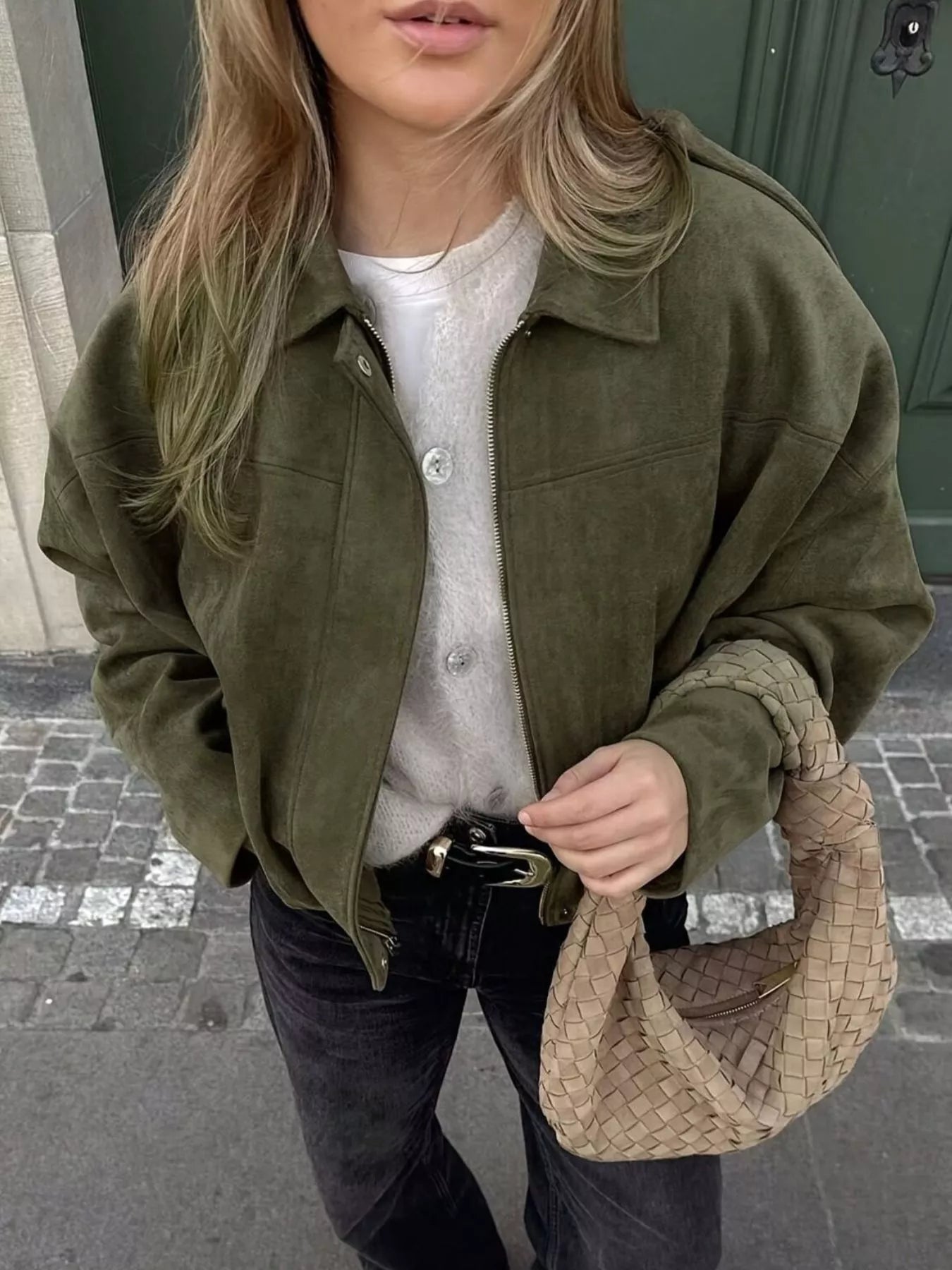 Sarah Express Women's Zip Up Dropped Shoulder Jacket Green