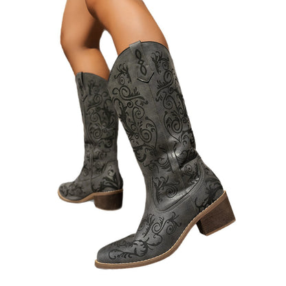 Sarah Express Women's Embroidered Knight Boots - Pointed Toe Mid Heel Chunky Heel Slip-On Boots