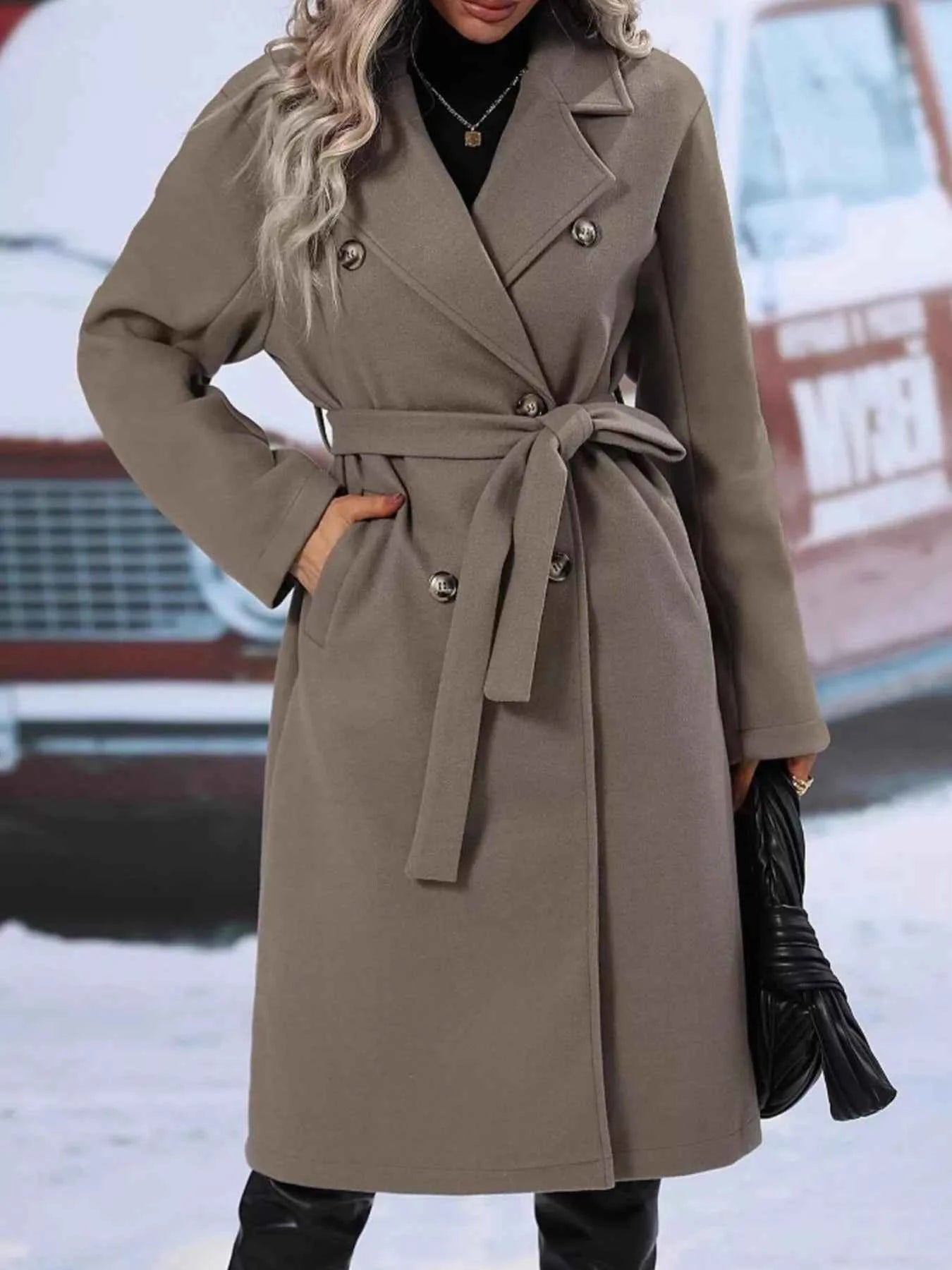 Sarah Express Women's Double-Breasted Tie Waist Coat - Belted Blazer Jacket Gray