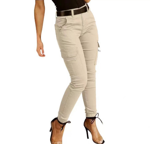 Sarah Express Women's Low Waist Cotton Blend Cargo Overalls Loose Fit Button Detail Trousers