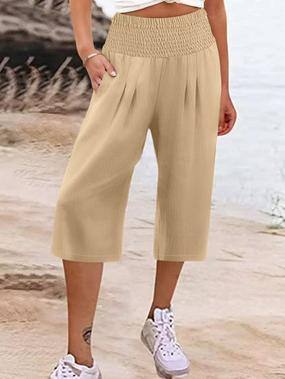 Sarah Express Women's Plus Size Smocked Waist Cropped Wide Leg Pants Beige