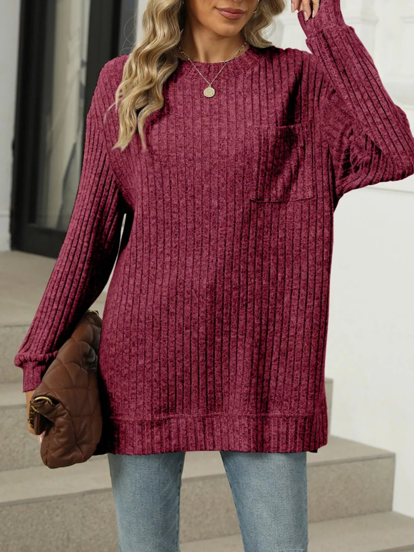 Sarah Express Women's Ribbed Knit Round Neck Sweater - Oversized Pullover Wine Red