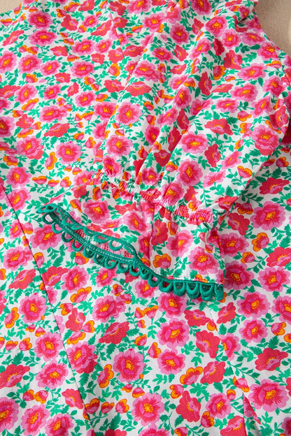 Sarah Express Women's Floral Print V Neck Mini Dress Short Bubble Sleeve Patchwork