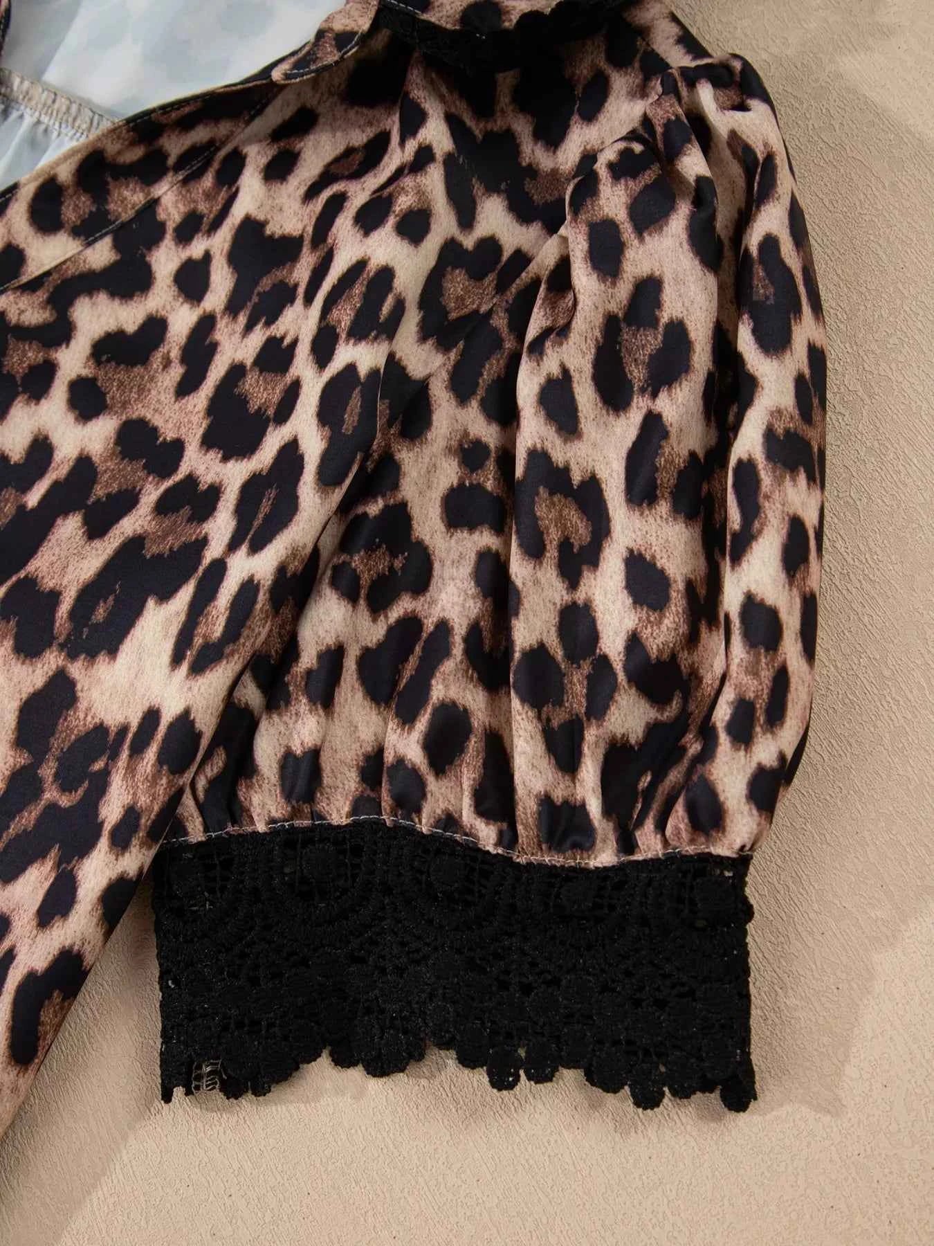 Sarah Express Women's Leopard Print Button Down Lace Trim Short Sleeve Shirt