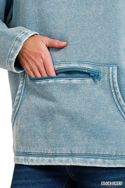 Trendsi Women's Fleece Washed High Neck Kangaroo Pocket Sweatshirt